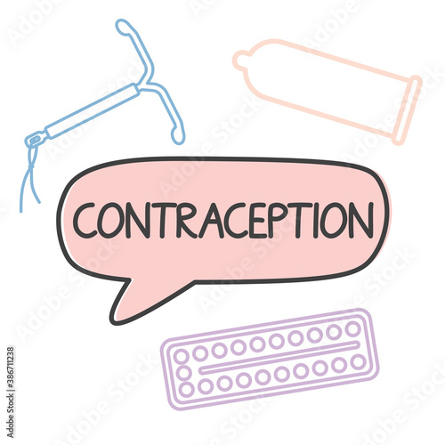 contraception: birth control pills, intrauterine device and condom icon-  vector illustration