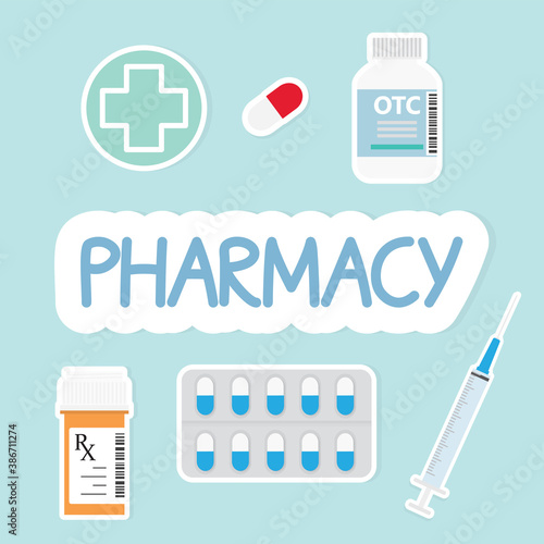 pharmacy word and composition of related icons-  vector illustration