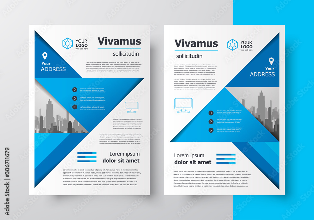 Flyer brochure design template set front and back, size A4 triangles theme blue color Flyer brochure design template set front and back, size A4 triangles theme blue color