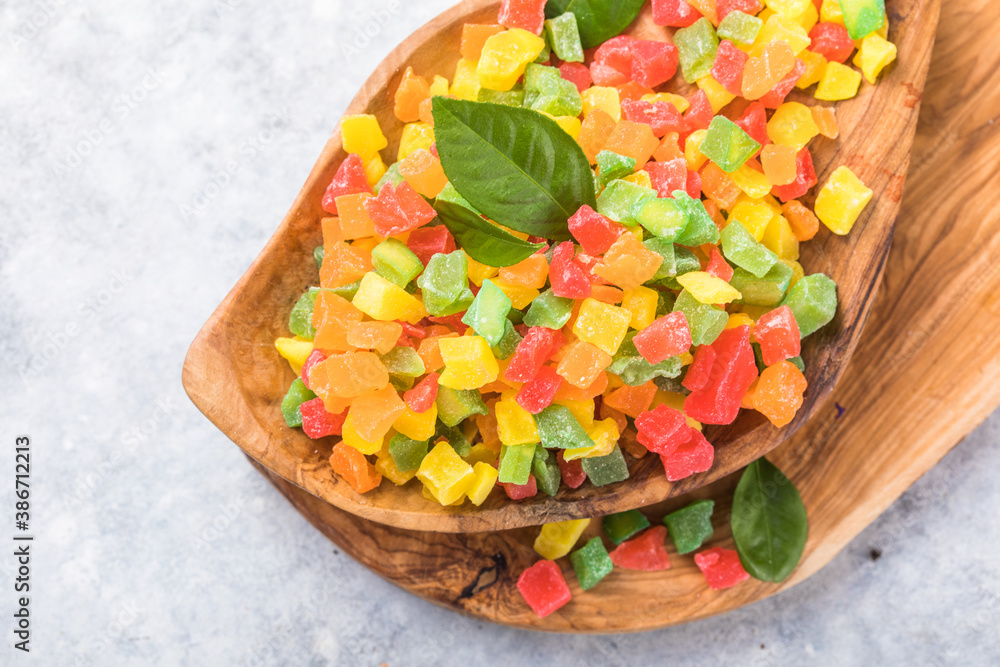 Background of colorful candied fruits. multicolored