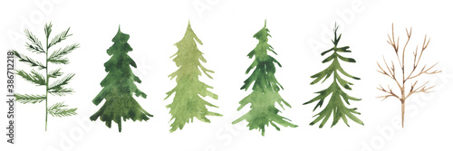 Set of watercolor trees and Christmas trees. Festive element, new year, winter.