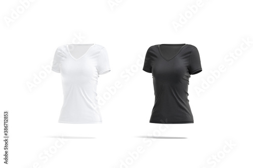 Blank black and white women slimfit t-shirt mockup, side view