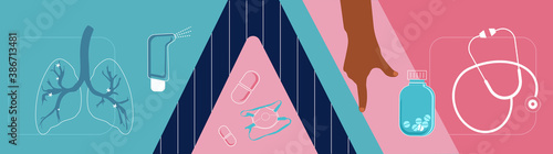 COPD awareness month.Vector infographic illustration with icons for Chronic obstructive pulmonary disease.World pneumonia day.Lungs illness and medical treatment.Inhalers against breathing problems.
