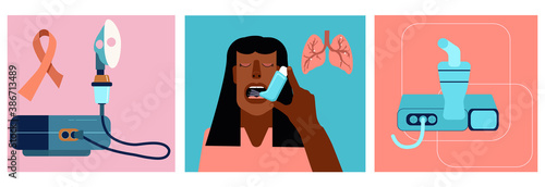 World COPD awareness month illustrations set.Chronic obstructive pulmonary disease concept.International Pneumonia day.Asthmatic girl breathes with an inhaler.Different nebulizers for all ages.Vector