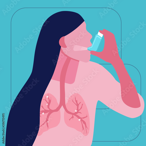 World COPD day.Chronic obstructive pulmonary disease concept.Asthmatic girl breathes with an inhaler.Lungs illness in trendy colors.Woman uses nebulizer against an allergic attack.Bronchial asthma.