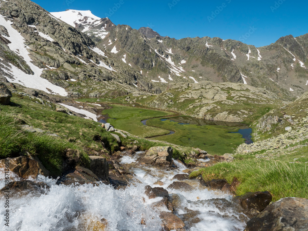 Fototapeta premium Top view of beautiful wetland with wild stream cascade, alpine mountain meadow called Paradies with lush green grass and snow capped mountain peaks. Stubai hiking trail, Summer Tyrol Alps, Austria