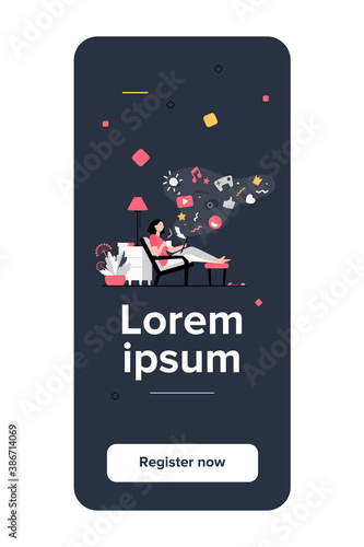 Social media addicted woman. Cartoon character relaxing at home, using tablet computer for web surfing, playing online games. Vector illustration for internet addiction, communication concept