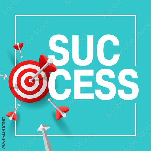 Success concept - business strategy and targeting success - bulls eye hit in archery, target and flying arrows - square vector banner