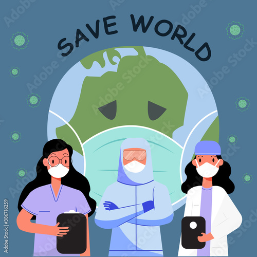 Planet earth wearing a protection medical mask.Super Doctors 