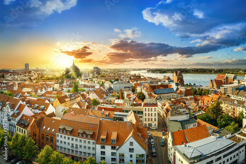 panoramic view at the city center of rostock while sunset  germany