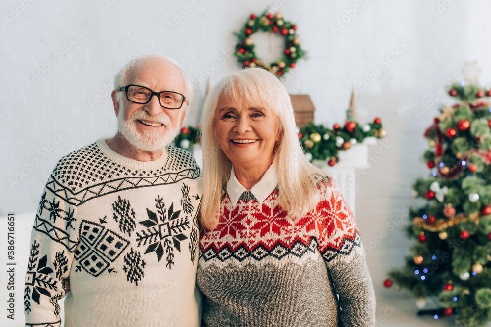 happy senior couple looking at camera with christmas decoration on background happy senior couple looking at camera with christmas decoration on background