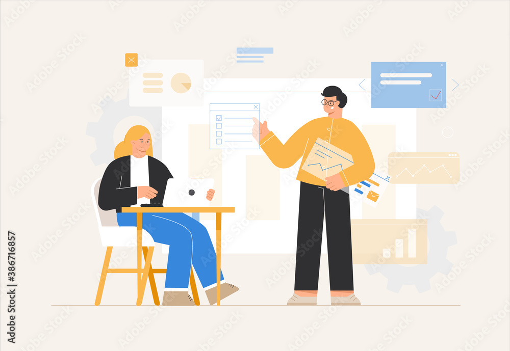 Concept of the office workflow. Business People man and woman conduct business discussions and analyze data, graphs, charts, presentations, collect statistics or prepare a report. Vector illustration.