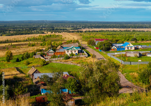 Top view of the village Nurshuri from hill  in sunny day at the summer.