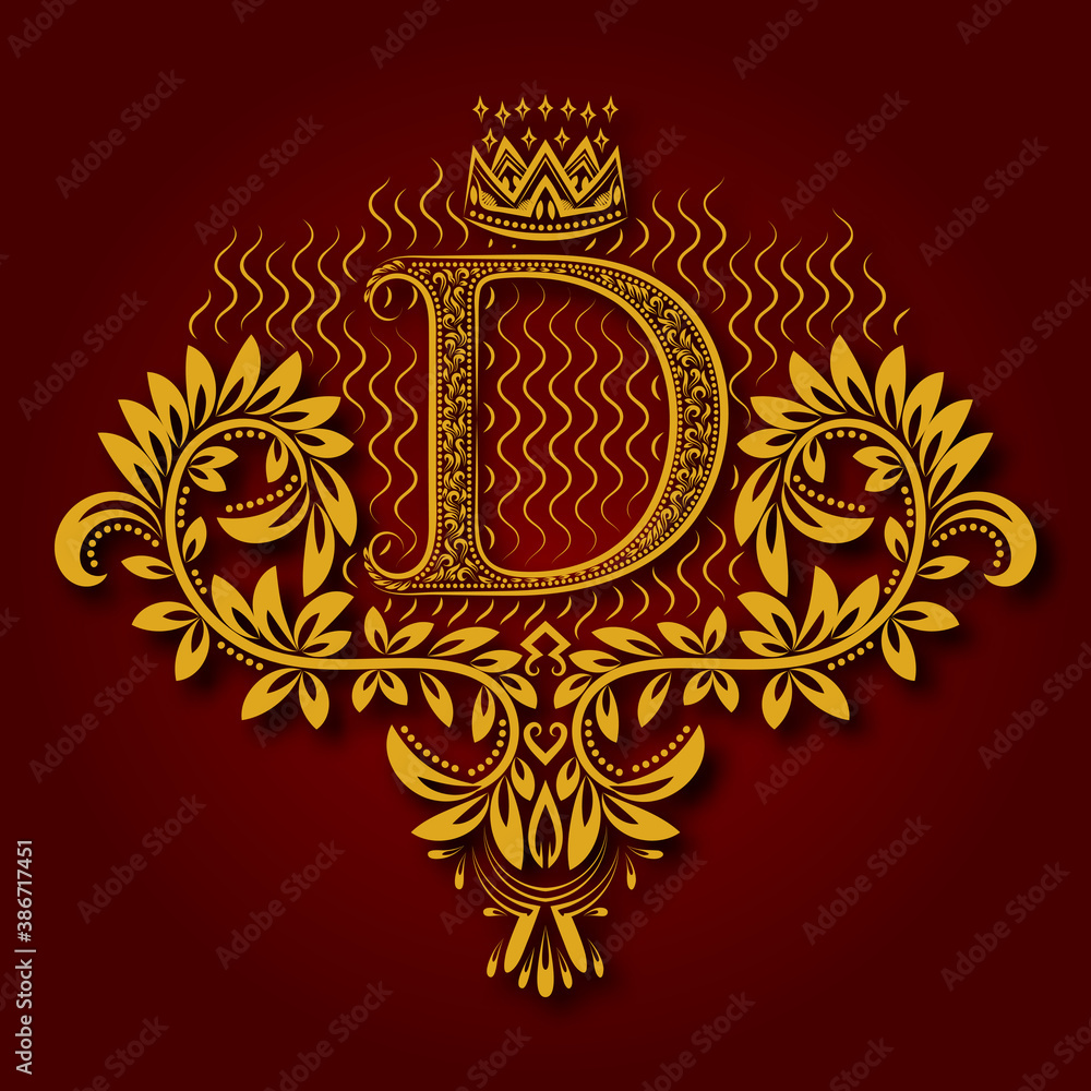 Letter D heraldic monogram in coats of arms form. Vintage golden logo with shadow on maroon background. Letter D is surrounded by floral elements of design. Letter D heraldic monogram in coats of arms form. Vintage golden logo with shadow on maroon background. Letter D is surrounded by floral elements of design.