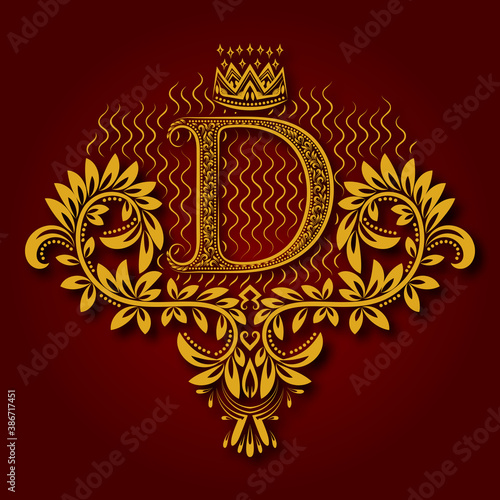 Letter D heraldic monogram in coats of arms form. Vintage golden logo with shadow on maroon background. Letter D is surrounded by floral elements of design.