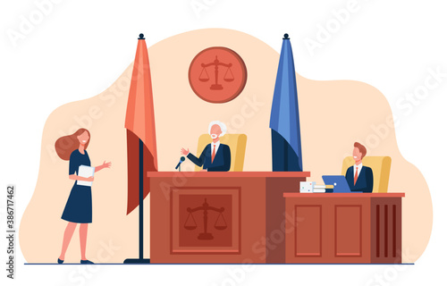 Female attorney standing in front of judge and talking isolated flat vector illustration. Cartoon courtroom or courthouse during trial. Justice and law concept