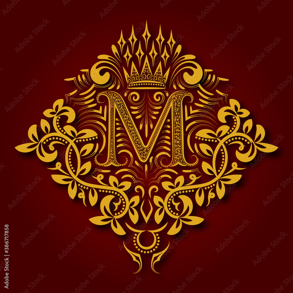Letter M heraldic monogram in coats of arms form. Vintage golden logo with shadow on maroon background. Letter M is surrounded by floral elements of design.
