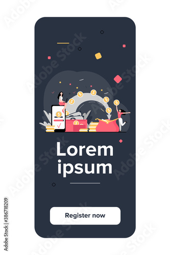 Stylized people sending payment and receiving money isolated flat vector illustration. Cartoon tiny woman with wallet and coins. Remittance, bank and financial transactions concept