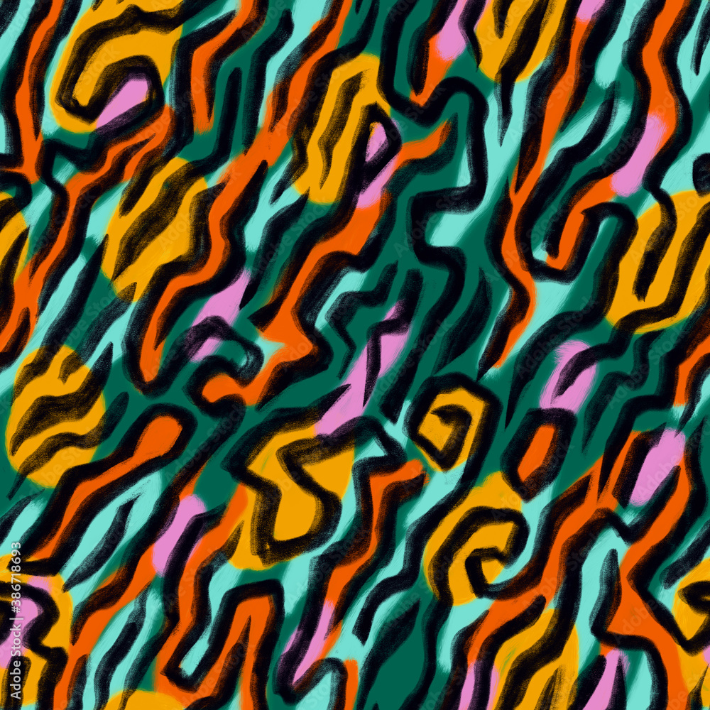 Abstract geometric seamless pattern. Hand drawn curved lines and shapes. Painted colorful texture. Modern artistic ornament for sportswear, textile, fabric and wrapper. Abstract geometric seamless pattern. Hand drawn curved lines and shapes. Painted colorful texture. Modern artistic ornament for sportswear, textile, fabric and wrapper.