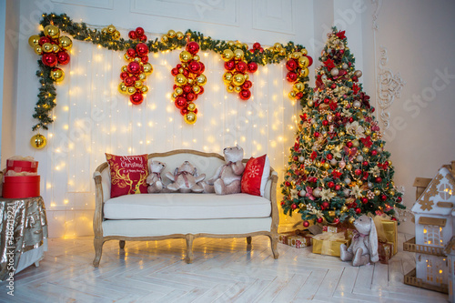 sofa in the interior with Christmas and New Year decor