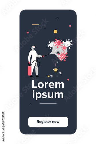 Sanitary workers in protective suits spreading chemicals on virus and disinfecting surface. Vector illustration for coronavirus epidemic, bio hazard, disinfection concept