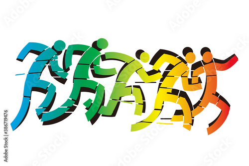 Running for health, running race.
Abstract Stylized illustration of five runners with colorful gradient symbolizing vitality and  healthy lifestyle. Vector available.
