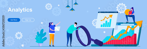 Analytics landing page with people characters. Business indicators analysis banner. Financial statements, market reserch vector illustration. Flat concept great for social media promotional materials.