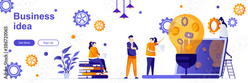 Business idea landing page with people characters. Startup project founding web banner. Idea generation and development vector illustration. Flat concept great for social media promotional materials.