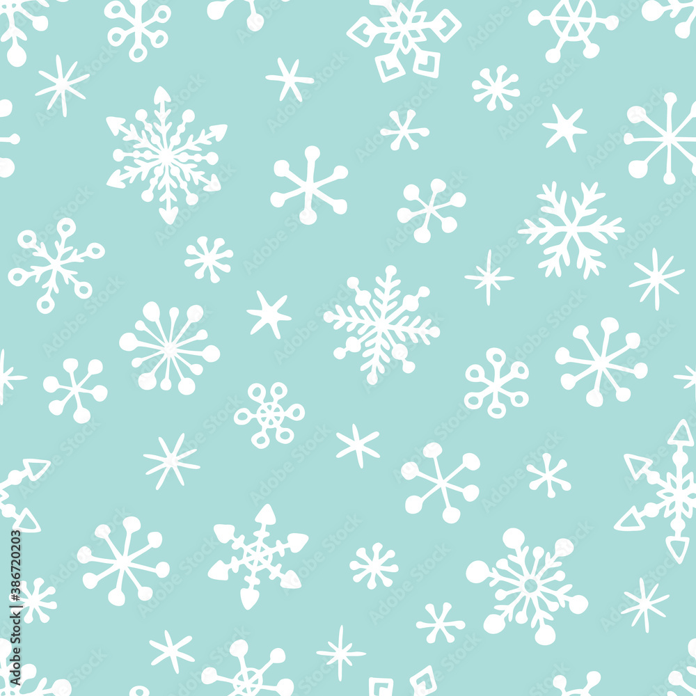 Vector seamless pattern of snowing, hand drawn snowflakes. Simple design for Christmas wrappings, textile and backgrounds Vector seamless pattern of snowing, hand drawn snowflakes. Simple design for Christmas wrappings, textile and backgrounds