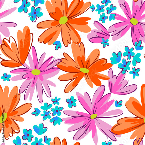 Seamless pattern with daisies. Mixed small and large blooming flower heads ornament. Bright summer botanical background in modern flat design.