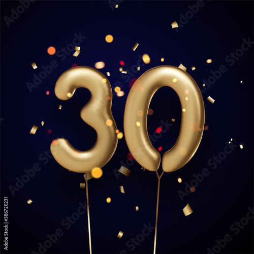 30 sign golden balloons with threads on black background.