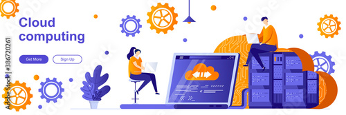 Cloud computing landing page with people characters. Hosting platform service web banner. data storage and processing vector illustration. Flat concept great for social media promotional materials.