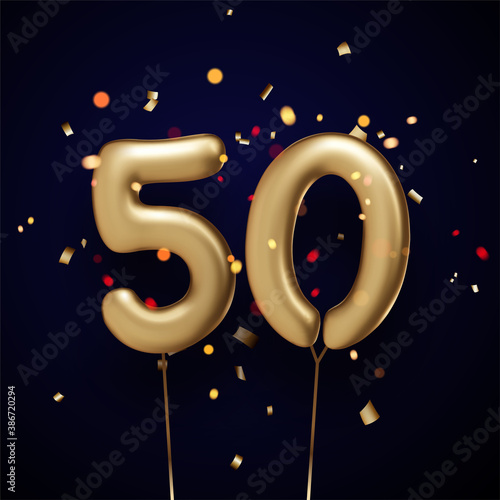 50 sign golden balloons with threads on black background.