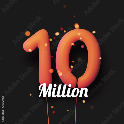 10 million sign orange balloons with threads on black background.