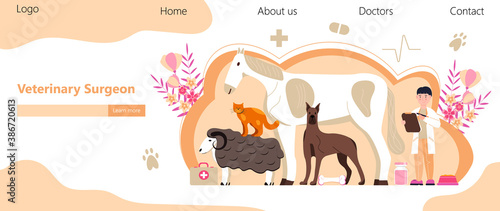 Veterinarian concept vector. Animal doctors diagnosing diseases of dog, cat. Pet health care for website.