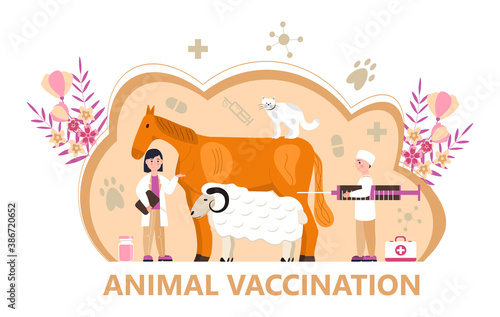 Veterinarian concept vector. Animal doctors diagnosing diseases of dog, cat. Pet health care for website.