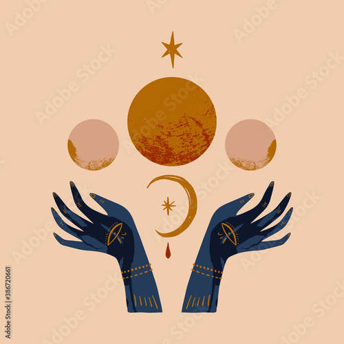Hand drawn boho hands and moon art. Vector illustration