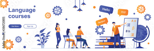 Language courses landing page with people characters. Teaching service web banner. E-learning platform, distance education vector illustration. Flat concept great for social media promotional material
