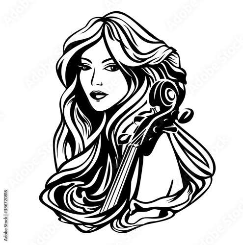 beautiful woman with long hair and cello instrument - classical music muse black and white art nouveau style vector portrait