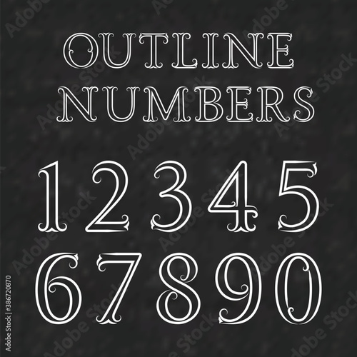 Vintage outline numbers with flourishes. Numbers in baroque style font. White outline numbers on a black textured background.