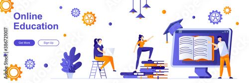 Online education landing page with people characters. Distance learning web banner. Online courses, educational webinars vector illustration. Flat concept great for social media promotional materials.