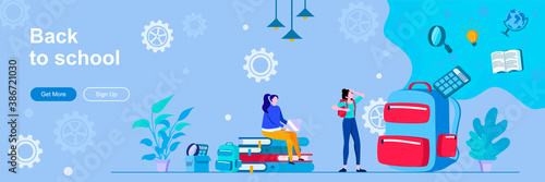 Back to school landing page with people characters. Elementary and high schools education web banner. School lessons vector illustration. Flat concept great for social media promotional materials.