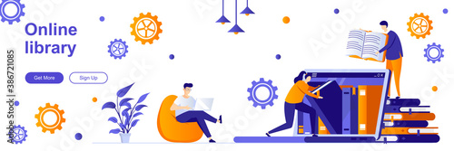 Online library landing page with people characters. Electronic books reading service web banner. Literature and knowledges vector illustration. Flat concept great for social media promotional material