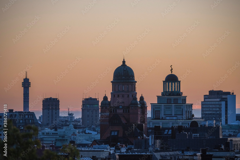 View over towers and roofs in Stockholm an early morning before sunrise 