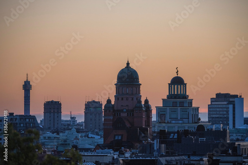 View over towers and roofs in Stockholm an early morning before sunrise 