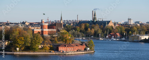 The island Skeppsholmen and the castle Kastellet, museums on the island Djurgården a sunny day in Stockholm