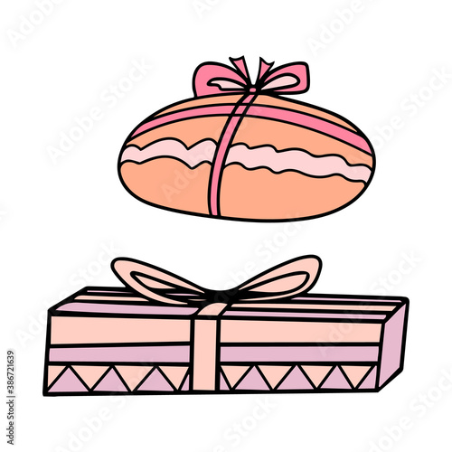 Christmas gifts vector cartoon style. Fashion set of presents for holiday design, decoration. Doodle elements pastel colors.  Nicely packed box and bundle with bows and ribbons.