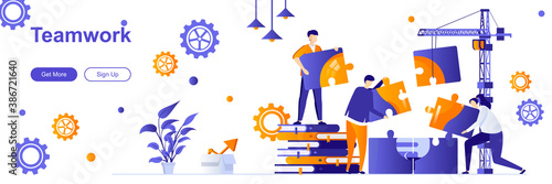 Teamwork landing page with people characters. Team building concept with puzzles web banner. Project construction process vector illustration. Flat design great for social media promotional materials.
