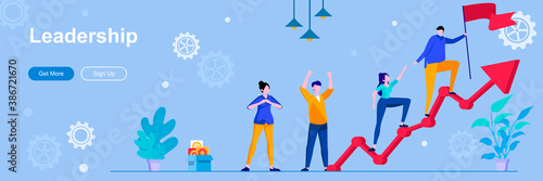 Leadership landing page with people characters. Team building and cooperation banner. Partnership and success achievement vector illustration. Flat concept great for social media promotional materials
