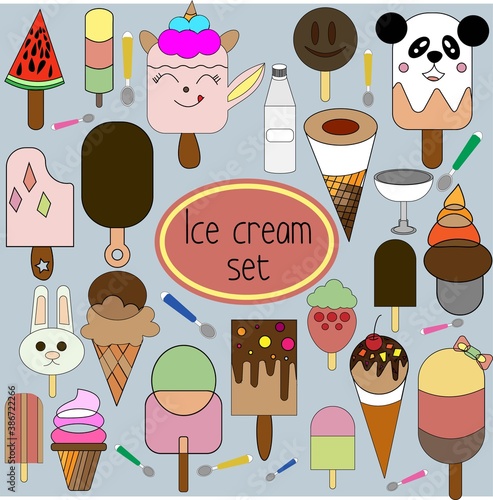 Hand drawn cute ice cream, topping, plates. Stock vector illustration